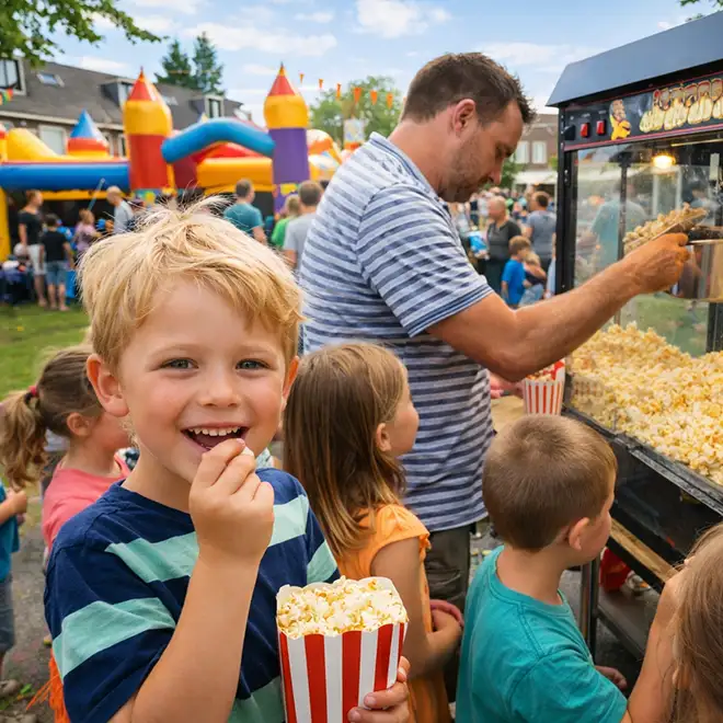 Popcornmachine op een buurtfeest met kinderen en springkussens – ideaal voor feest en partyverhuur.